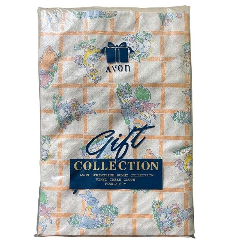 Avon Springtime Bunny Gift Collection Vinyl Tablecloth Easter Duck 60" Round Vtg